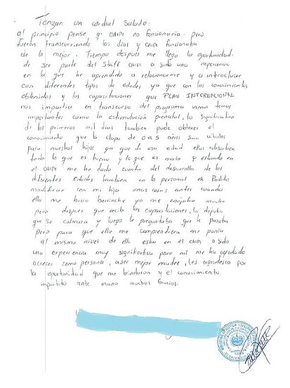 Lettre d'une jeune mère participant au projet CAIPI de Plan International